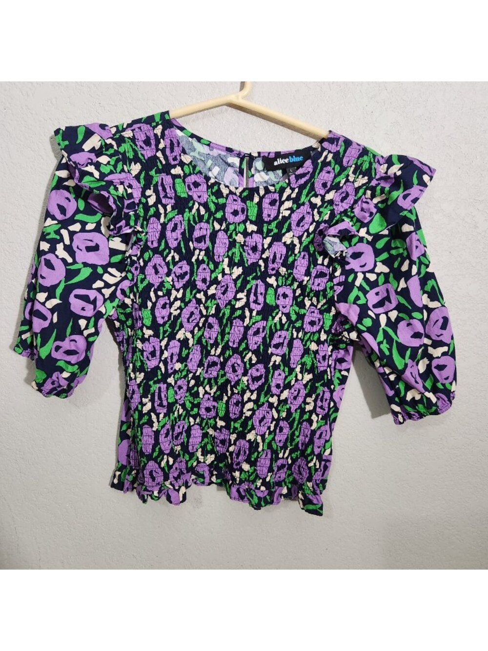 Alice Blue Womens Floral Smocked Top Size L Purple Green